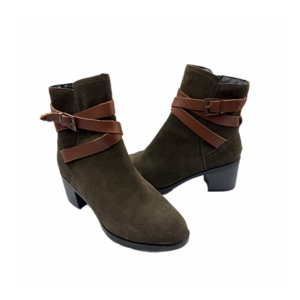 Skechers Agenda Dark Olive Green Suede Buckle Wrap Zip Block Heel Mid Booties